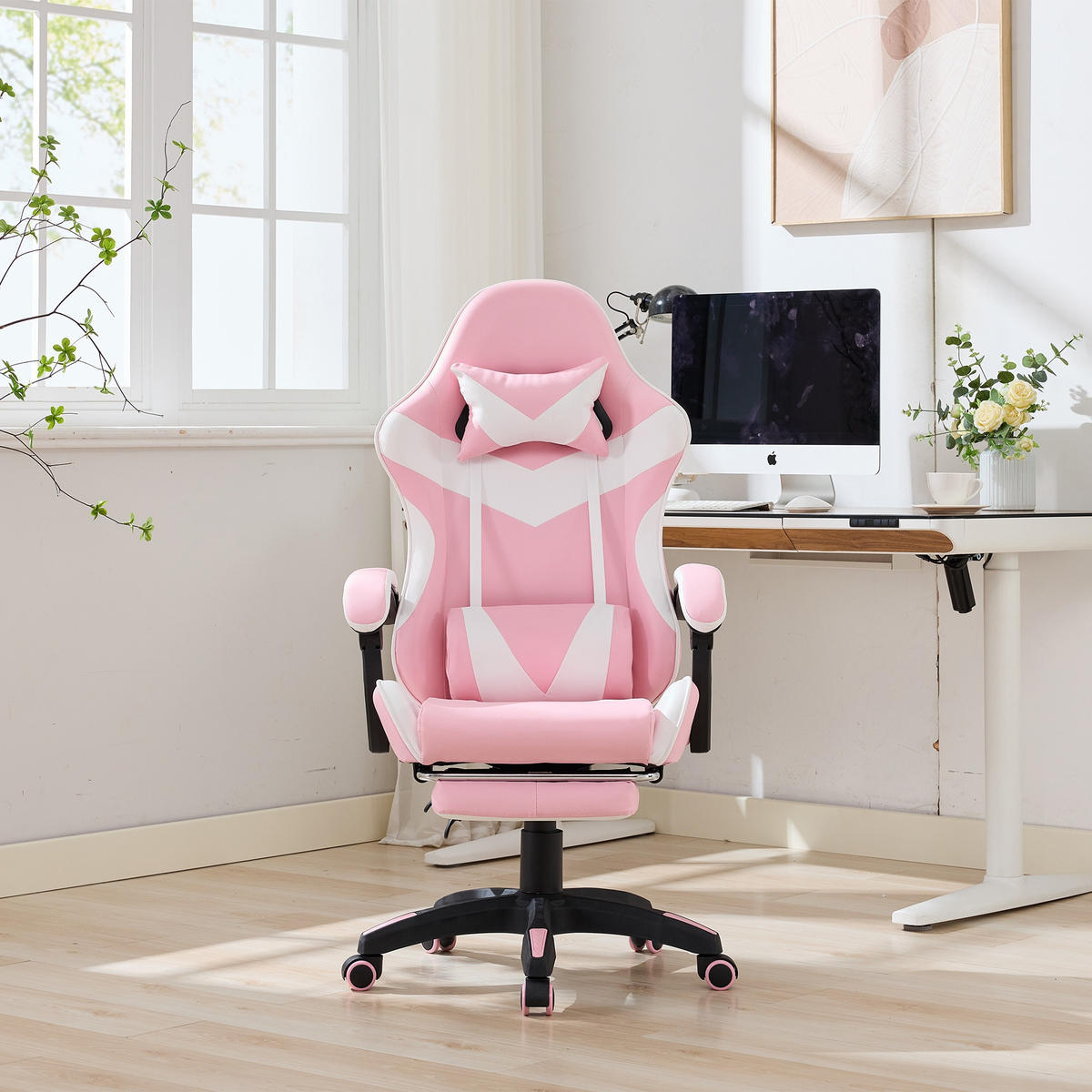 DREHSTUHL B64 / T58 / H116.5-126 cm,, ergonomisch gepolstert, drehbar mit Fußstütze, Weiß und Rosa - Pink, Kunststoff (58/116.5/64.5cm) - Redom