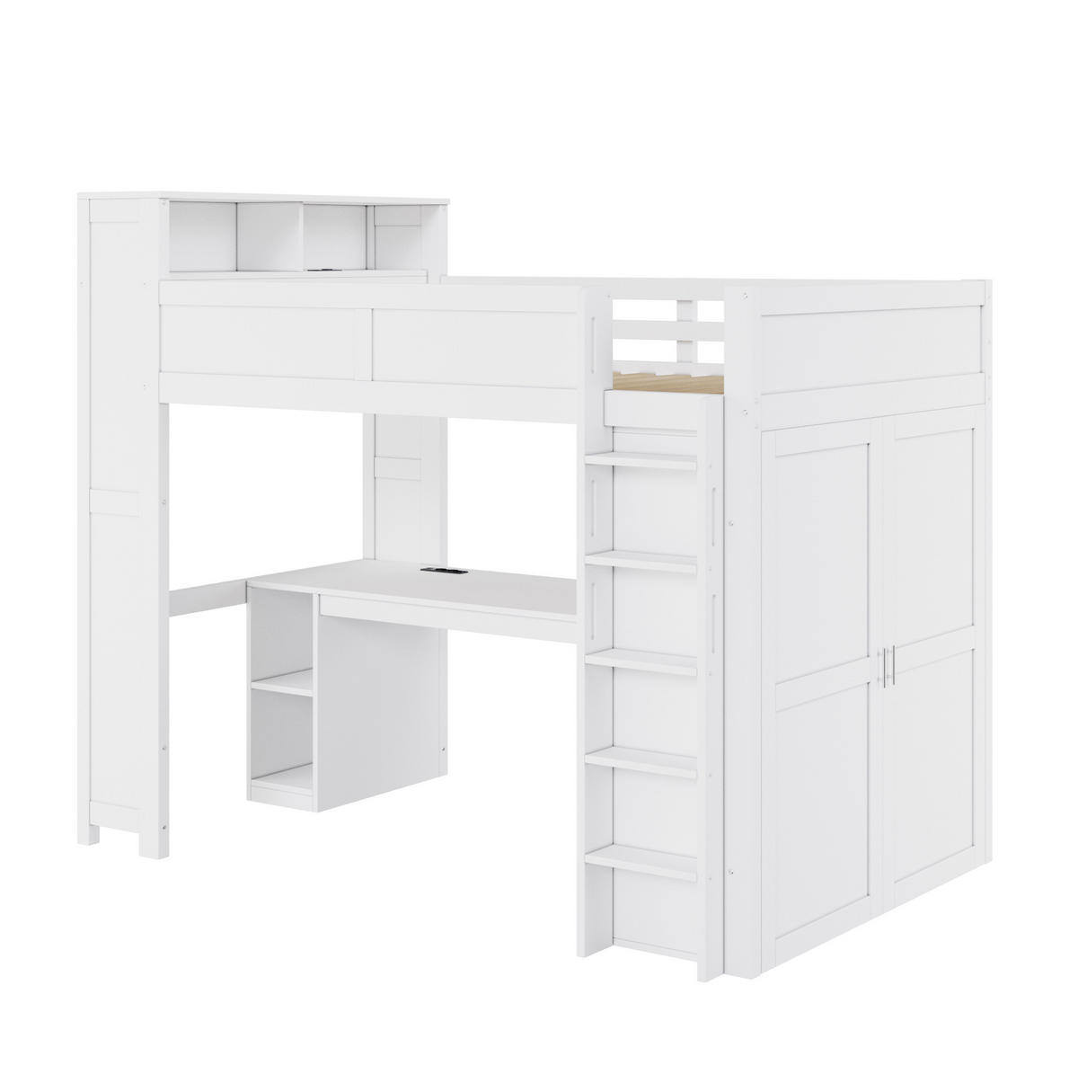HOCHBETT aus Kiefernholz 90x200 cm Weiß mit Schreibtisch, Kleiderschrank, LED-Beleuchtung und USB-Anschluss - Weiß, Holzwerkstoff (90/200cm) - Modfu
