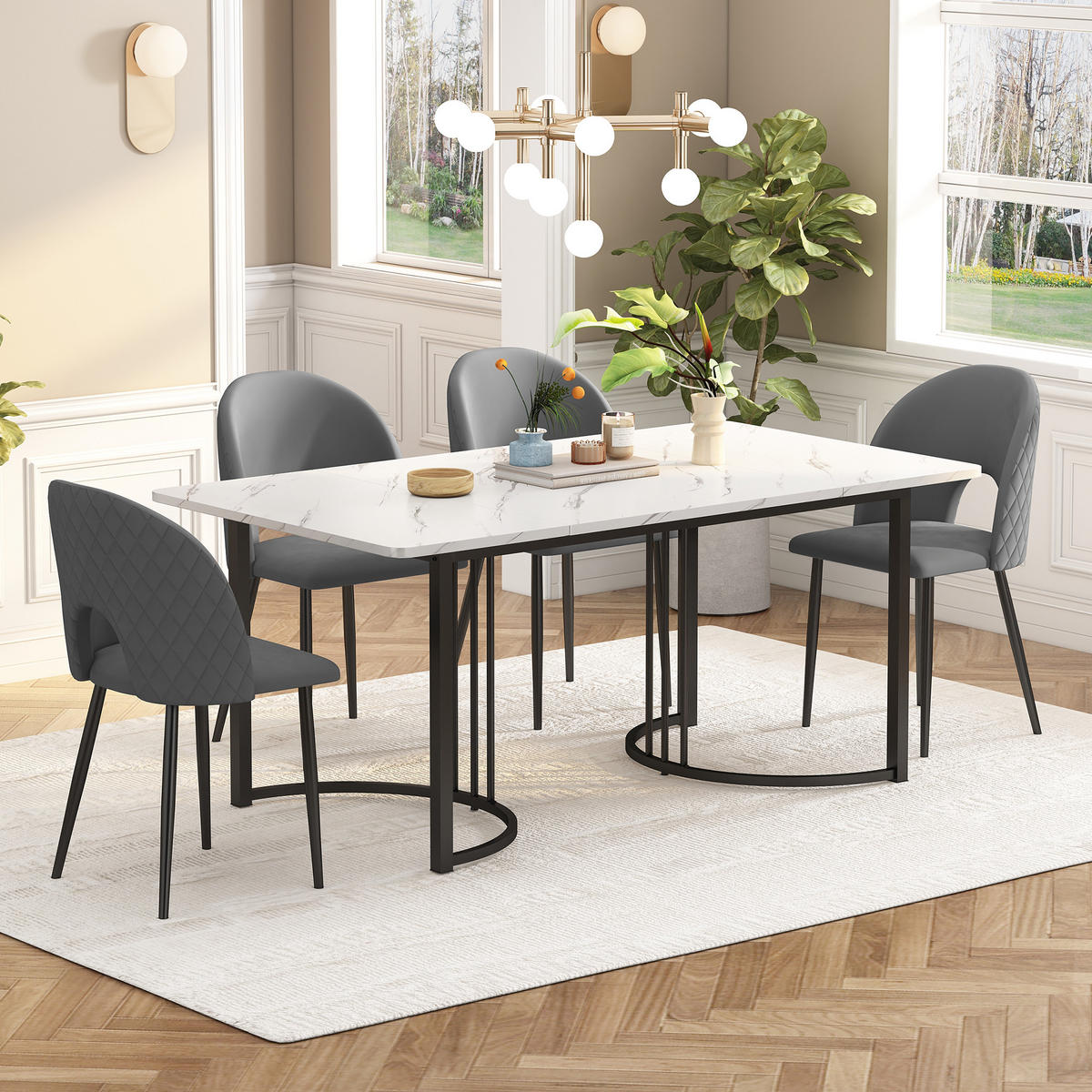 ESSGRUPPE 5-teilig mit weißem Marmor-Optik-Tisch 140x80 und vier grauen Samtstühlen als Küchentischset, weiß-grau - Grau, Textil (80/75/140cm) - Luhomfu