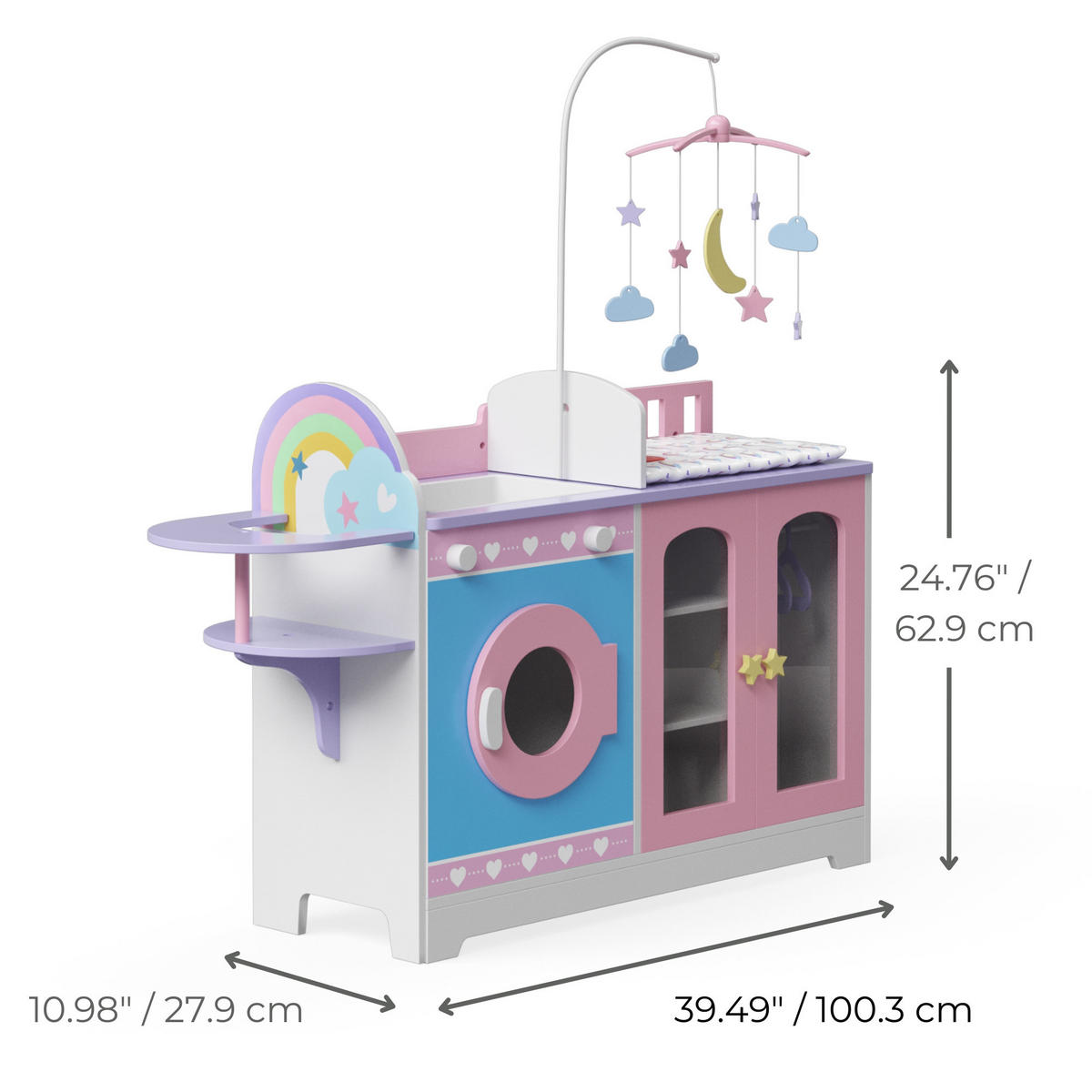 PUPPEN NURSERY 6 in 1 Holz Set mit Bett Mobile Spuele Hochstuhl, Rosa, 63cm - Pink, Holzwerkstoff (28/63/100cm) - Teamson Kids