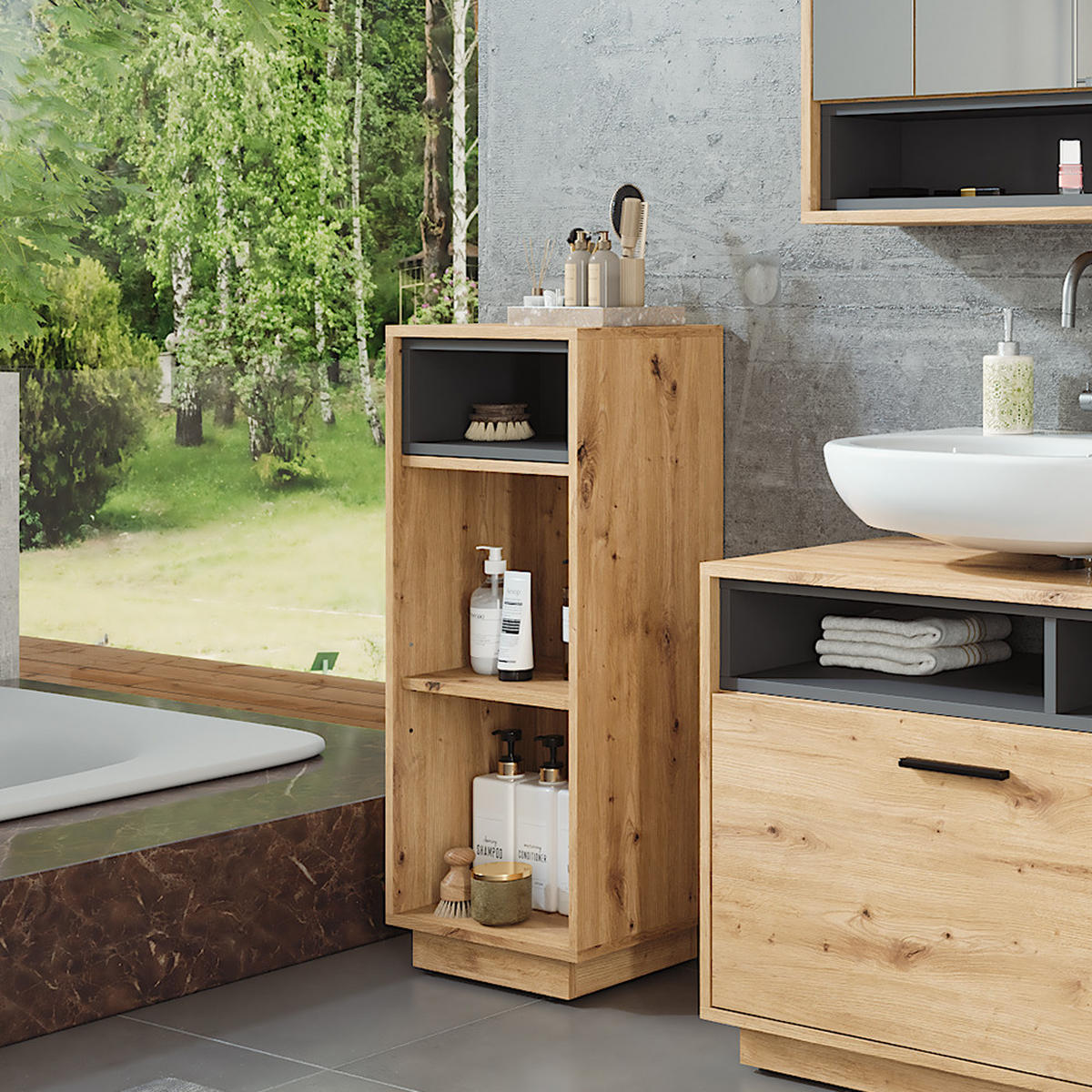 MIDISCHRANK Beatrice Artisan Eiche/Anthrazit 38 x 93 cm mit 3 Fächern - Anthrazit/Eiche Artisan, Holzwerkstoff (38/93/30cm) - Vicco
