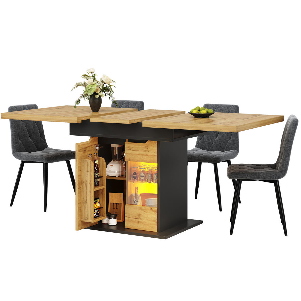 AUSZIEHTISCH 110-140/80/76 cm in Schwarz/Natur mit Stauraum & LED - Naturfarben, Holzwerkstoff (80/140/76cm) - BEAOK