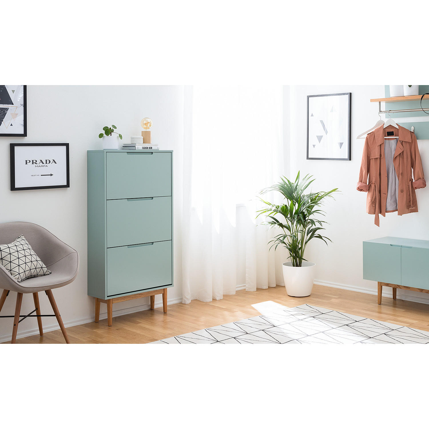 SCHUHKIPPER - Eichefarben/Mintgrün, Holzwerkstoff (63/130/24cm) - home24