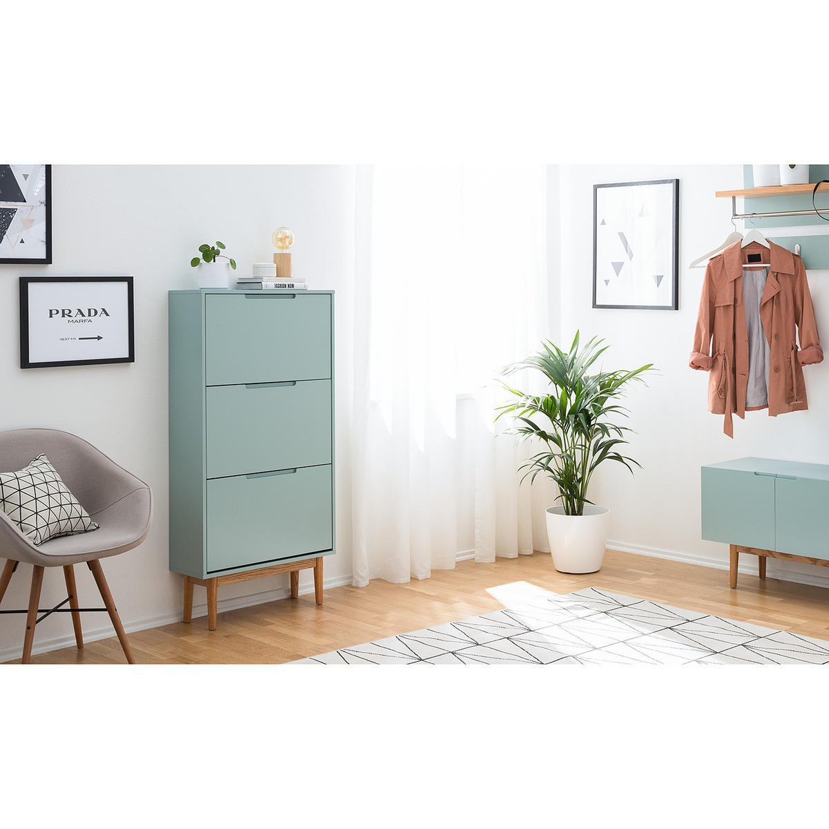 SCHUHKIPPER - Eichefarben/Mintgrün, Holzwerkstoff (63/130/24cm) - home24