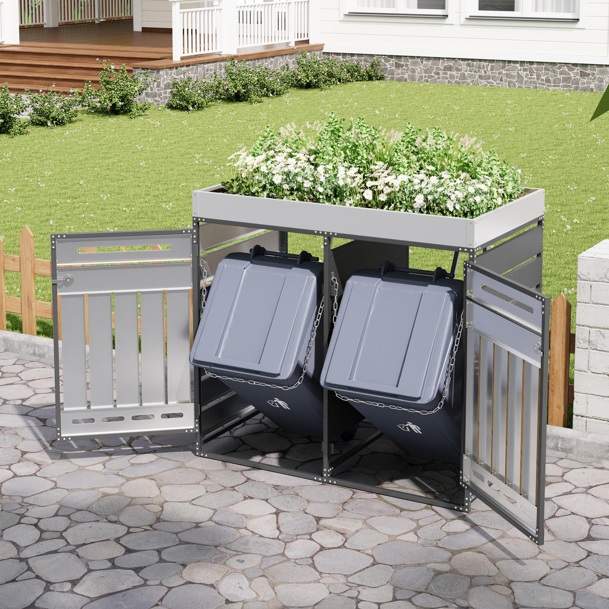 MÜLLTONNENBOX Pflanzkasten Holzoptik Belüftung Schloss - Schwarz, Metall (131/120/79cm) - LEBENLANG