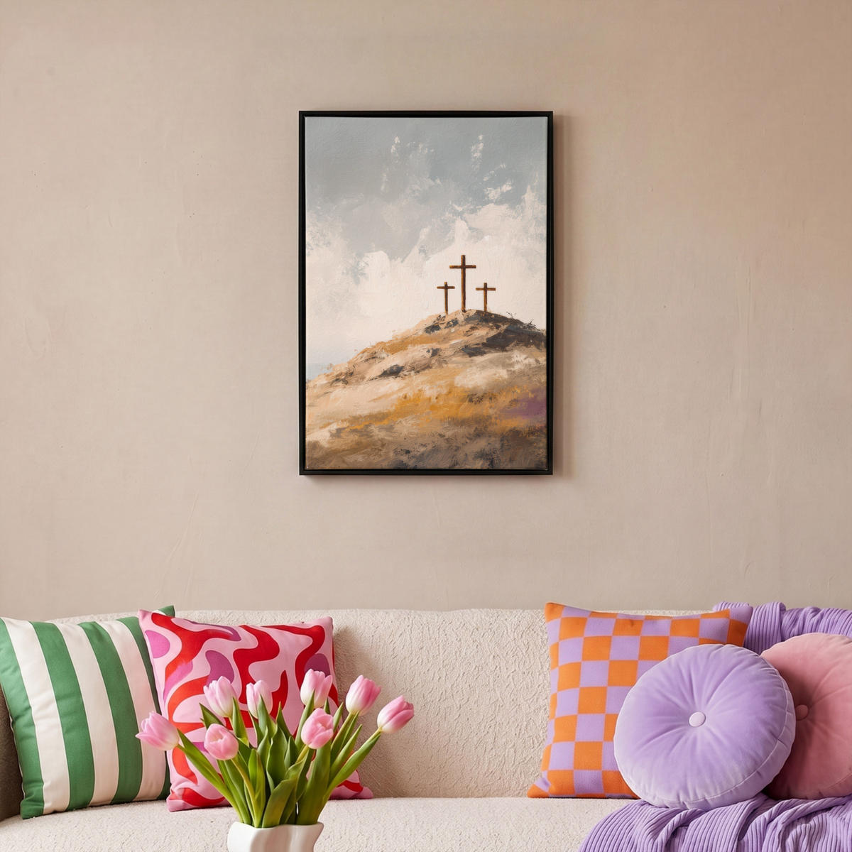 LEINWAND Bilder mit Rahmen - Hügel - Abstrakt - Christentum - Kreuz - 40x60 - Hellgrau, Textil (40/60cm) - MuchoWow