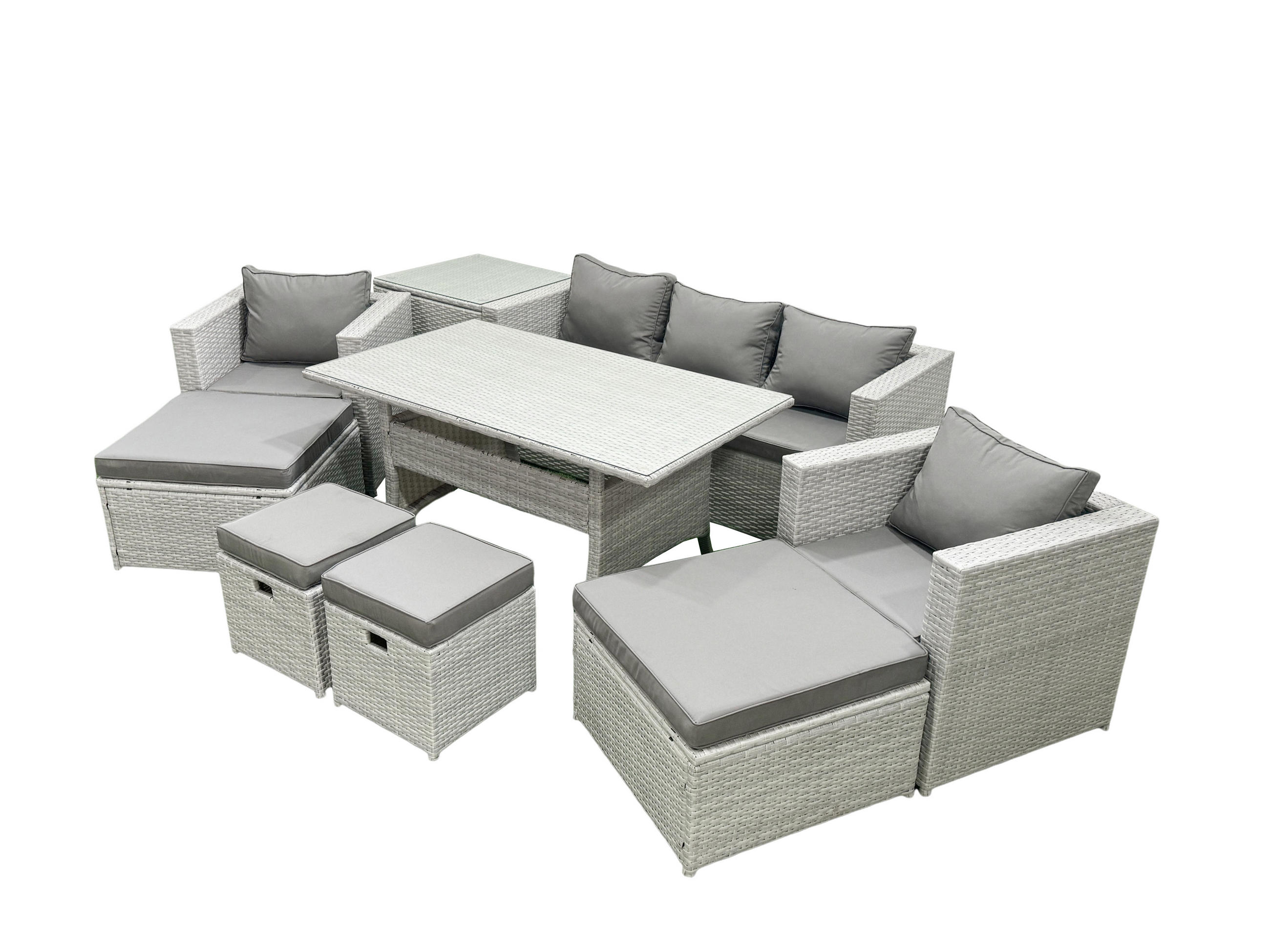 GARTENSET mit Esstisch,Sofa,3 Fußhocker, Beistelltisch,2 Stühle Polyrattan Hellgrau 9-Sitzer - Hellgrau/Grau, Glas/Kunststoff - Fimous