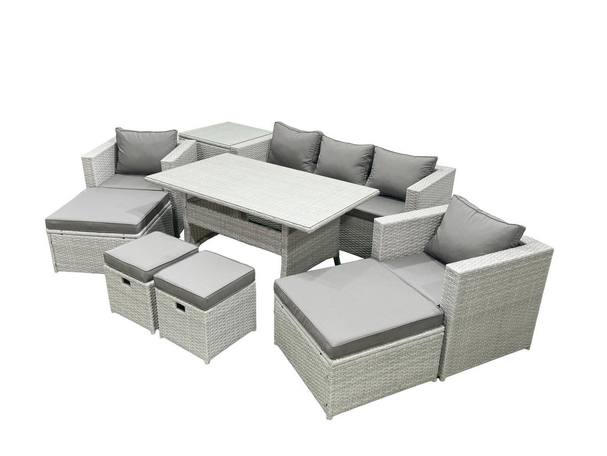 GARTENSET mit Esstisch,Sofa,3 Fußhocker, Beistelltisch,2 Stühle Polyrattan Hellgrau 9-Sitzer - Hellgrau/Grau, Glas/Kunststoff - Fimous