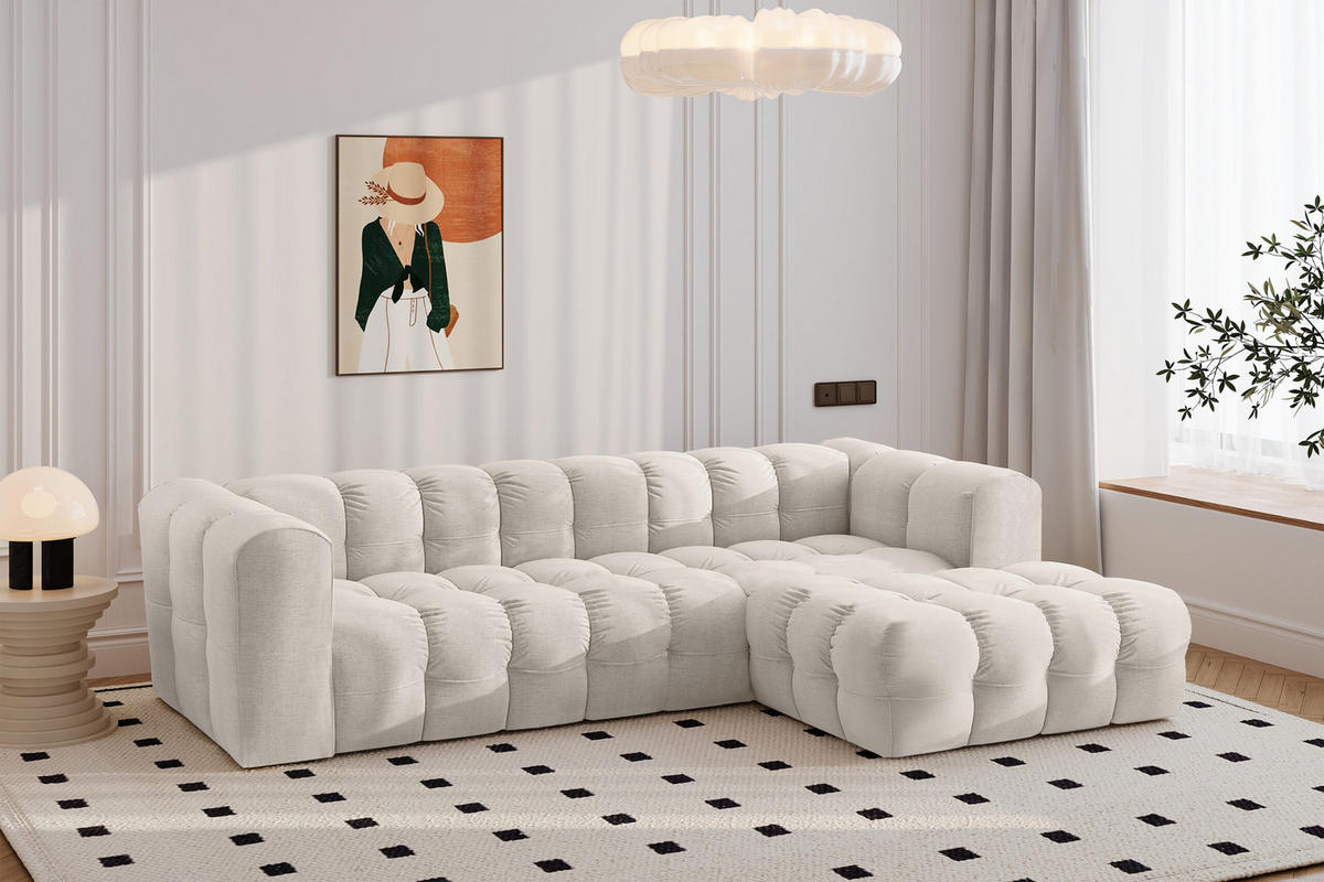 ECKSOFA L-form BALOO L, Chenille-Stoff Moly, Ecru, Rechts - Ecru, Holz (280/193cm) - Kaiser Möbel