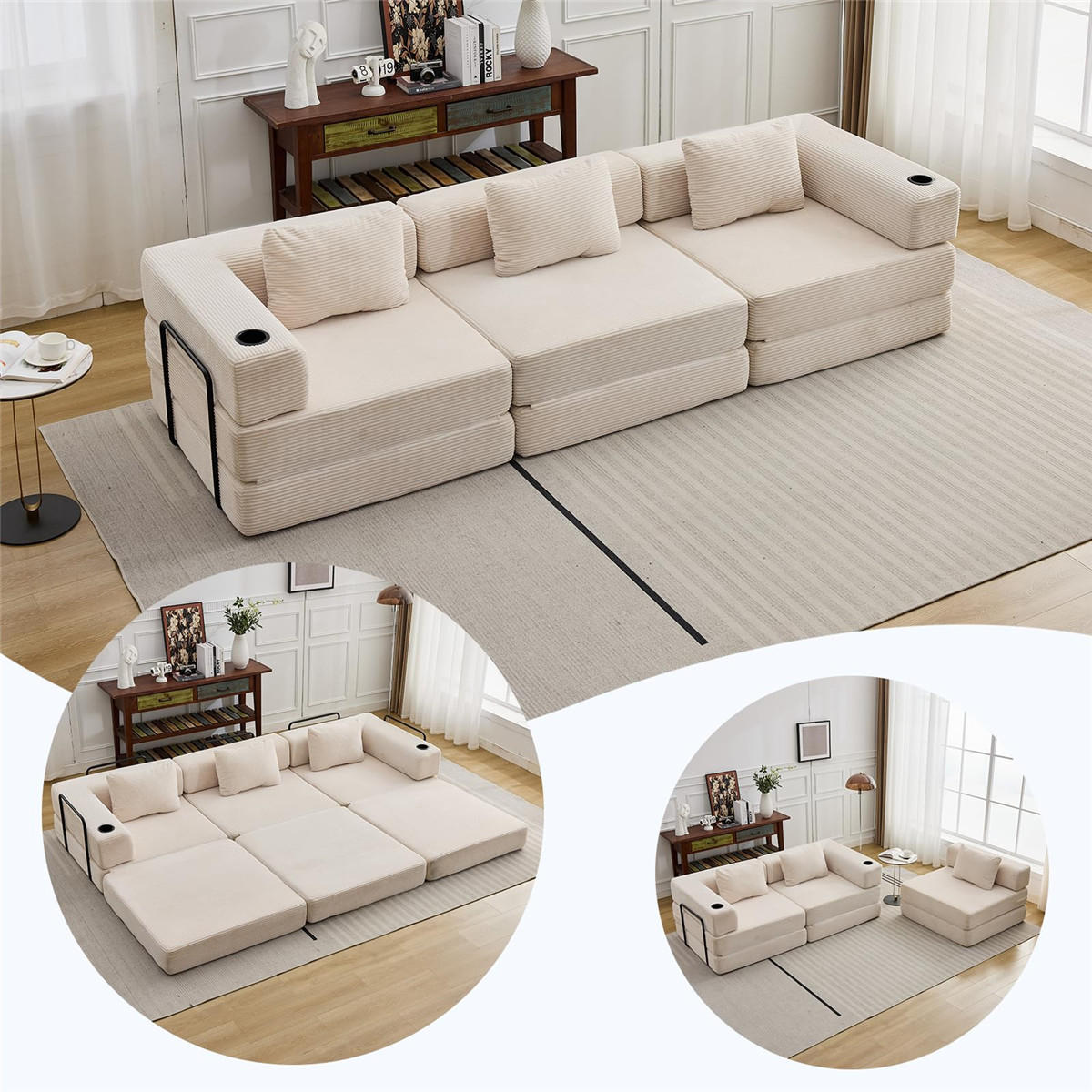SCHLAFSOFA Cord 3-Sitzer mit Getränkehaltern und Schlaffunktion - Beige, Textil (300/63/100cm) - Kaket