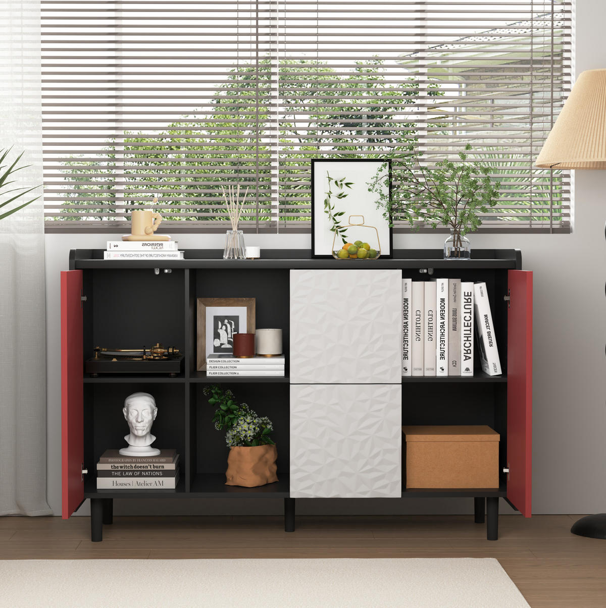 SIDEBOARD 120/40/80 cm, MDF Schwarz/Rot mit 2 Schubladen, offenem Fach und Tür, Schwarz/Rot - Rot, Holzwerkstoff (120/80/40cm) - Redom