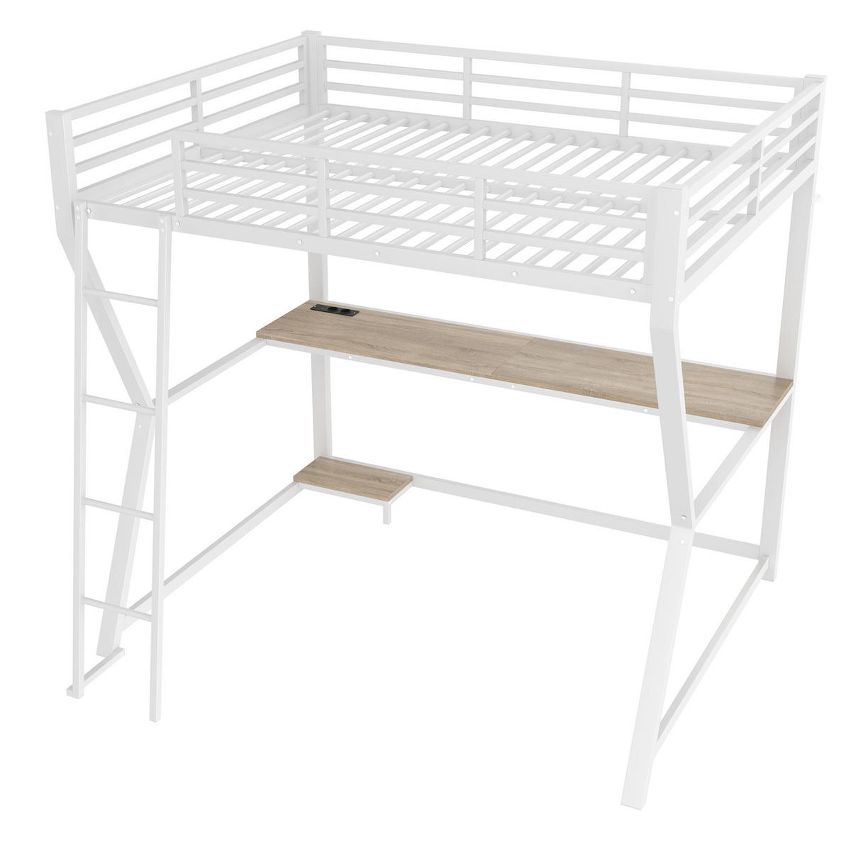 HOCHBETT 140/200 cm mit LED-Beleuchtung, Schreibtisch, Steckdose, USB und Treppe aus Metall und MDF, Weiß - Weiß, Metall (140/200cm) - Redom