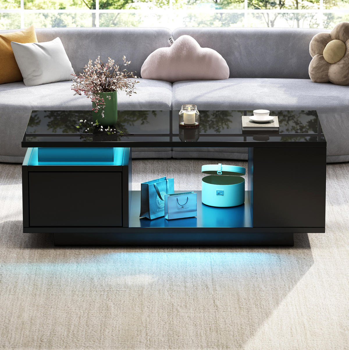 COUCHTISCH aus Spanplatte 100x50x36 cm Schwarz mit LED-Beleuchtung, Schublade und Ablagefächern - Schwarz, Holzwerkstoff (100/50/36cm) - IVMEU