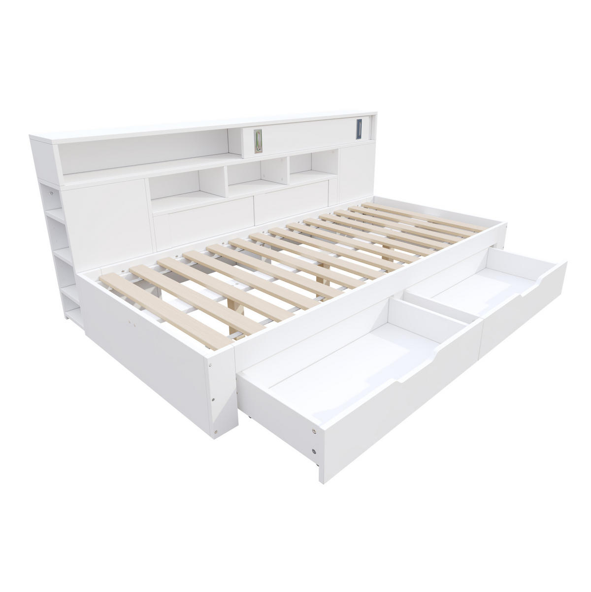 KINDERBETT aus MDF 140x190 cm Weiß mit 2 Schubladen, Schiebetürenschrank und verstellbaren Regalen - Weiß, Holzwerkstoff (140/190cm) - Modfu
