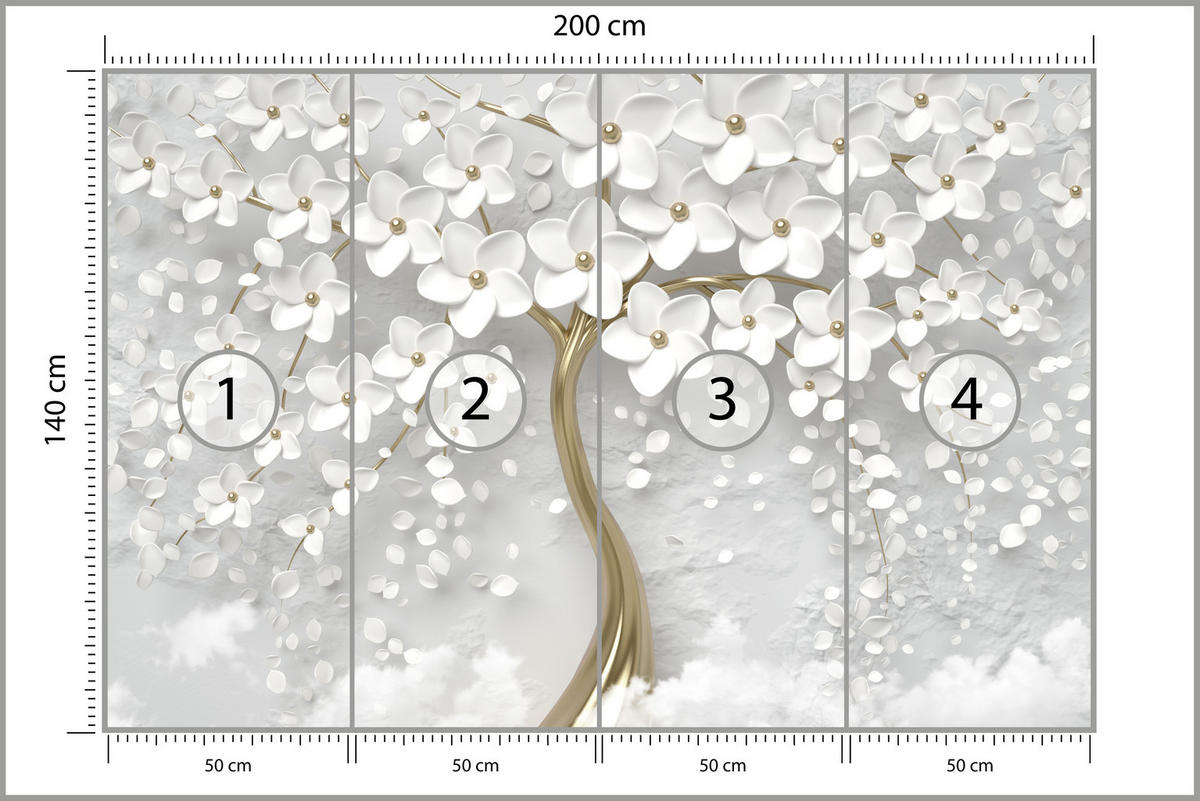 FOTOTAPETE für Schlafzimmer Perlmutt Blumen Abstract Baum 200x140 - Gelb/Goldfarben, Papier (200/140cm) - Muralo