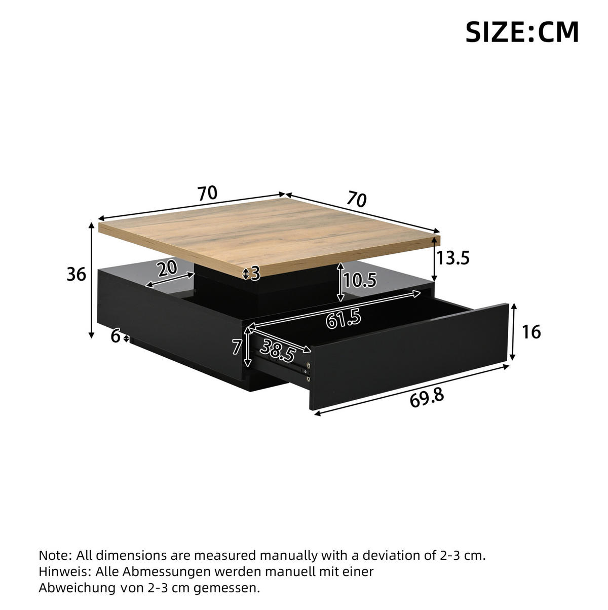 COUCHTISCH 70/70/36 cm in Walnuss/Schwarz mit Drehplatte und Schublade - Schwarz, Holzwerkstoff (70/70/36cm) - Flora Grace