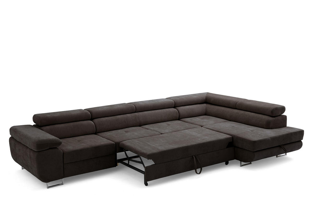 ECKSOFA WILD MAXI L Rechts mit Schlaffunktion 125x195 Chenille Dunkelbraun - Chromfarben/Dunkelbraun, Holz/Textil (203/350cm) - Muffo