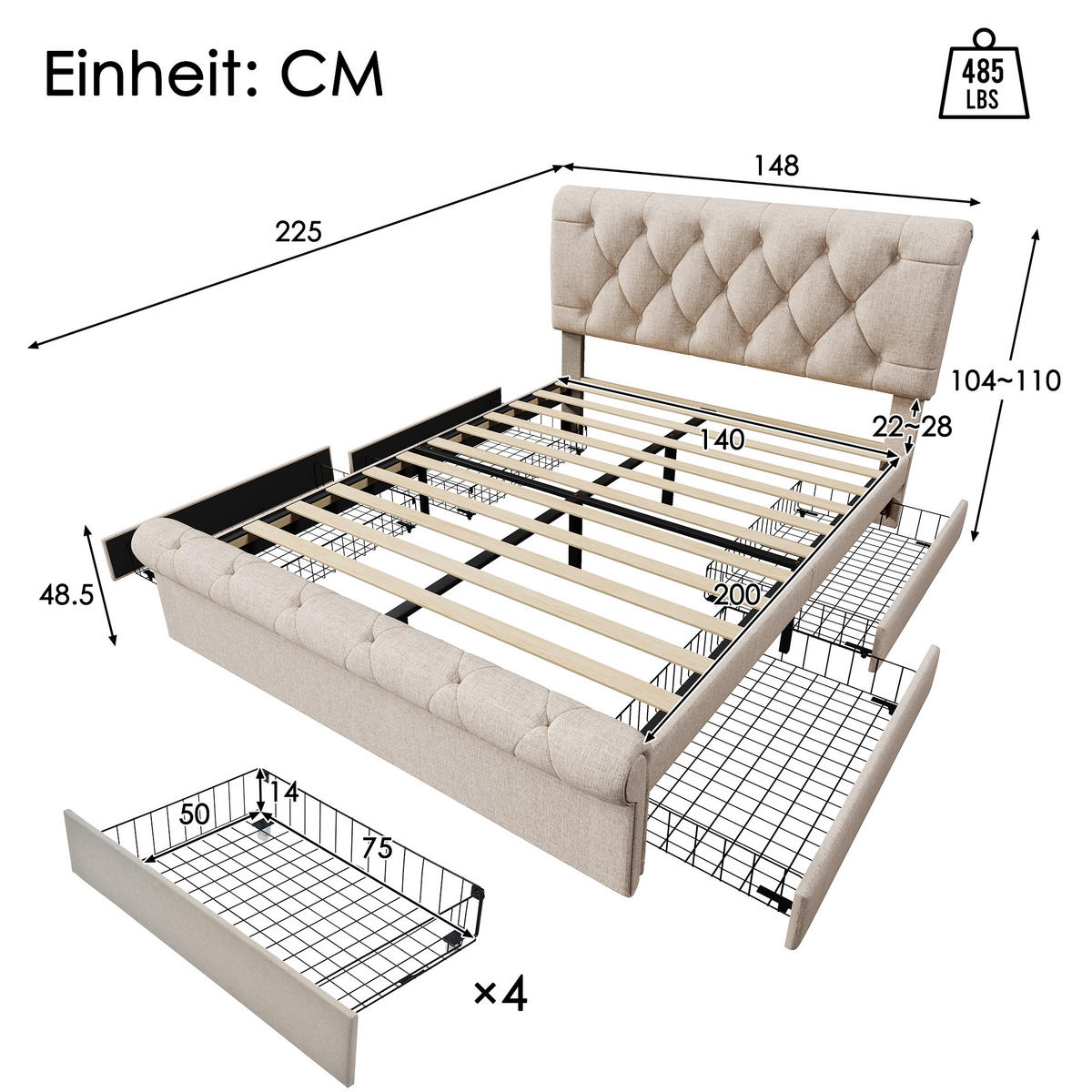 POLSTERBETT 140/200 cm Natur mit 4 Schubladen und höhenverstellbarem Kopfteil - Naturfarben, Metall (140/200cm) - OKWISH