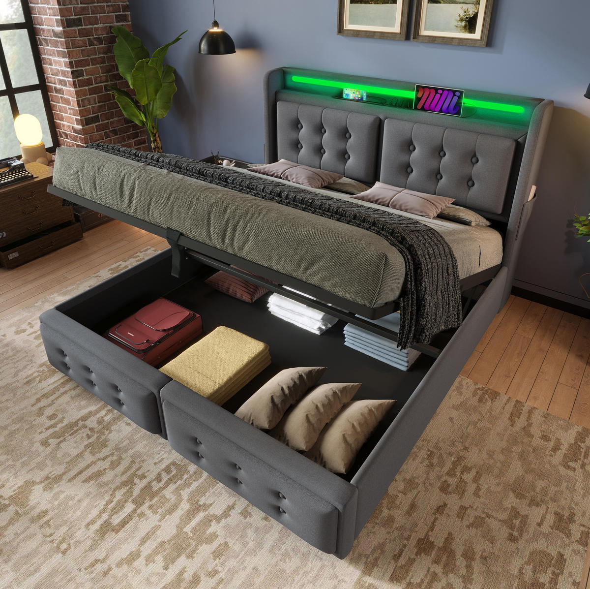 BETT mit Stauraum, LED und USB 160x200 cm Baumwoll-Leinen Grau - Grau, Metall (160/200cm) - Meubliv