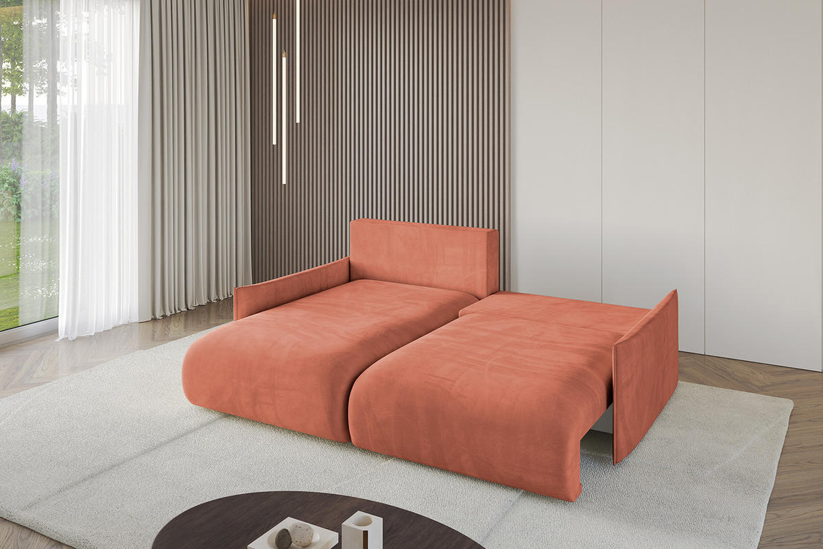 ECKSOFA mit Schlaffunktion und Bettkasten ONESK-L -v1 208x165x40 Apricot Velours - Koralle, Holzwerkstoff/Kunststoff (208/165cm) - ALTDECOR