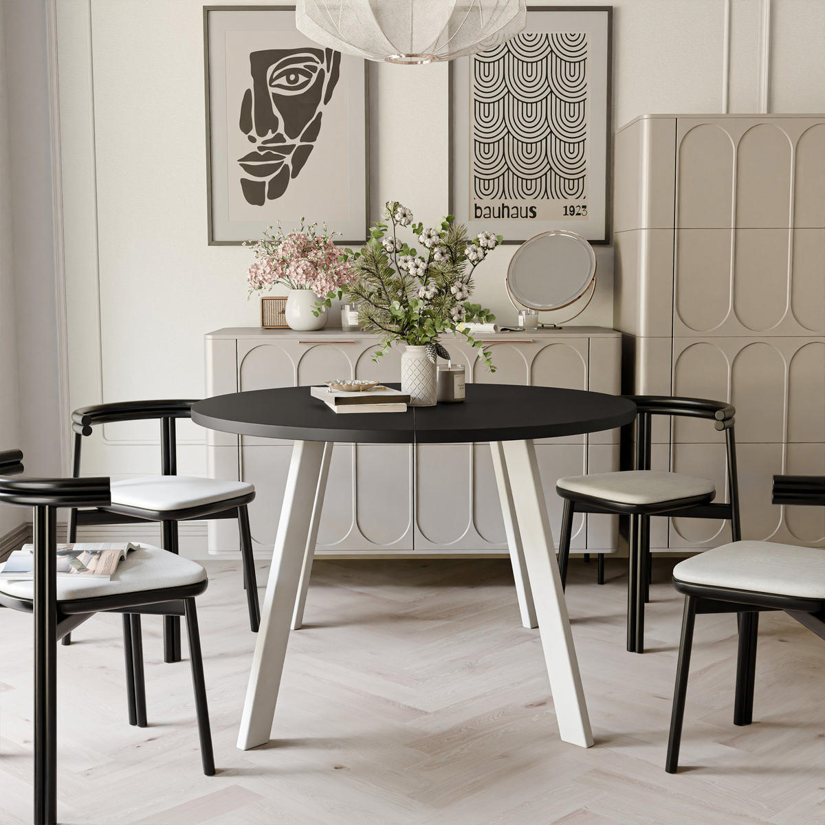 TISCH Weiße Beine, MDF Tischplatte, Molet Schwarz - Schwarz/Weiß, Holzwerkstoff (100/100/76cm) - Idohome