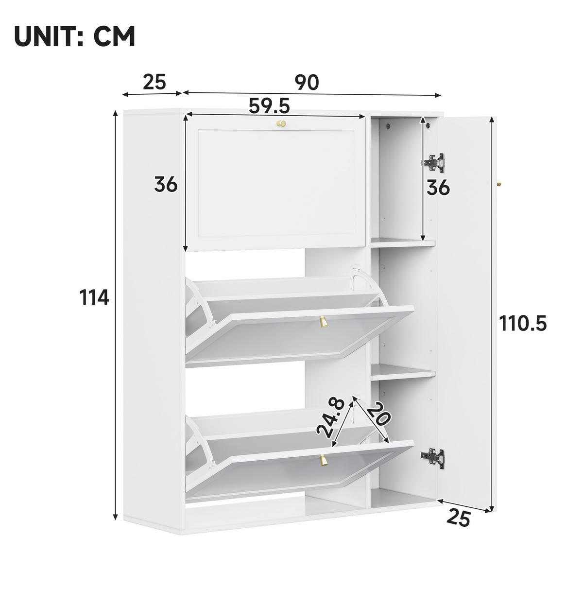 SCHUHSCHRANK 90/25/114 cm weiß aus MDF und Spanplatte mit 3 Klappen und 1 Tür - Weiß, Holzwerkstoff (90/114/25cm) - OKWISH