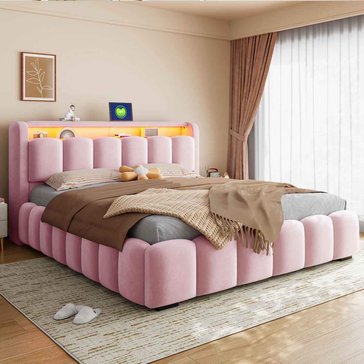 POLSTERBETT 180/200 mit LED/USB, Kopfteil Stauraum, Samt, Rosa - Rosa, Holz (180/200cm) - LVHOM