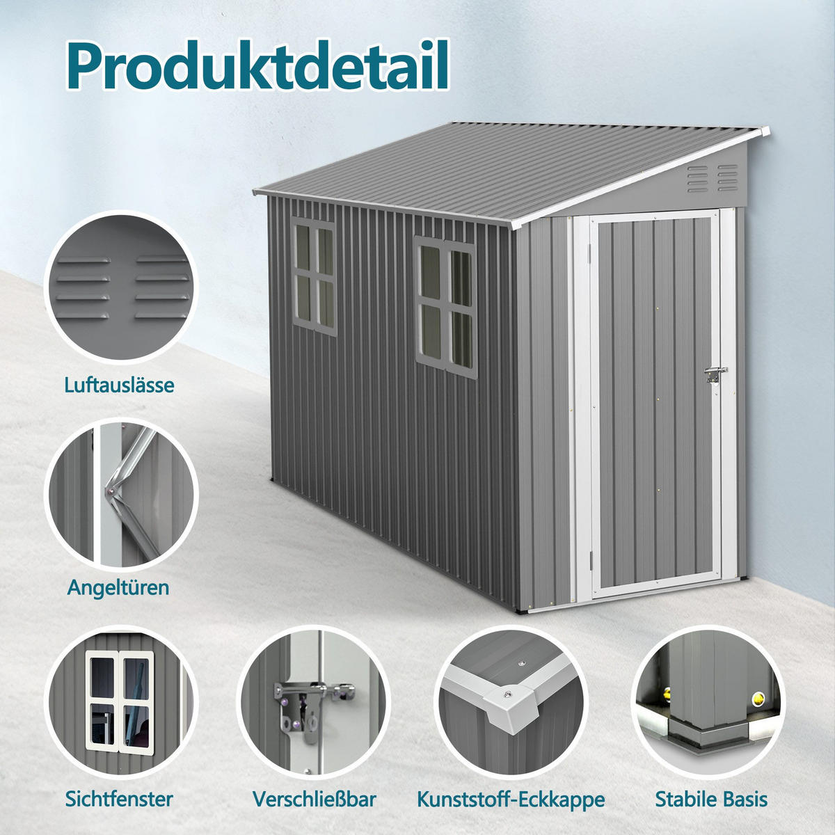 GERÄTEHAUS Metall-Anlehn-Geräteschuppen rostbeständig, wetterfest - Grau, Metall (280/110cm)