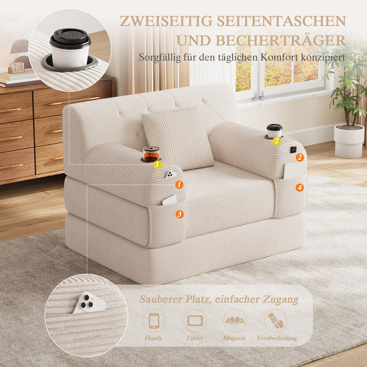 SCHLAFSESSEL Cord komprimiert, DE-42543, Beige - Beige, Metall (107/81/80cm) - ComfortXL