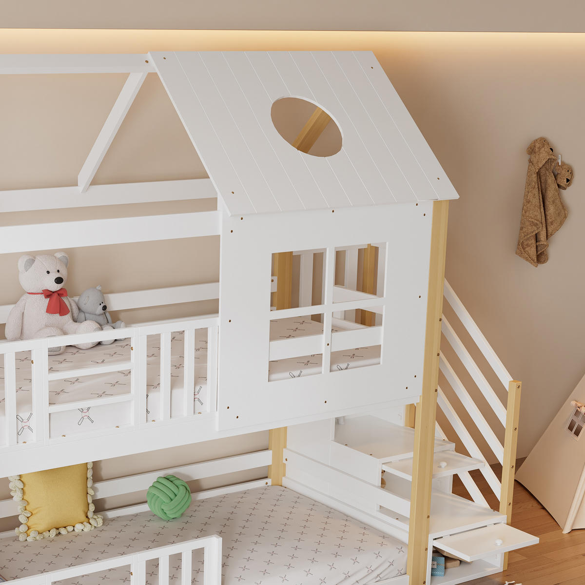 ETAGENBETT Mit Aufbewahrungstreppe Weiß/Natur 90x200 cm - Naturfarben, Holz (90/200cm) - ComfortXL
