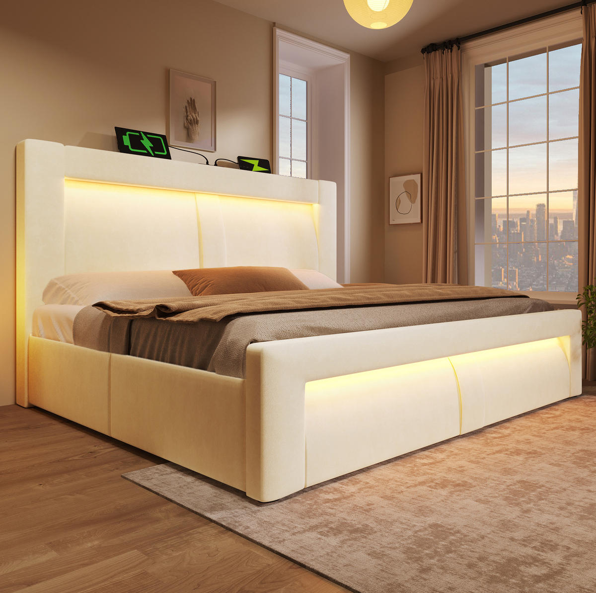 POLSTERBETT 160/200 cm Beige aus Samt mit Stauraum, LED und Ladeanschlüssen - Beige, Textil (160/200cm) - OKMYHOME