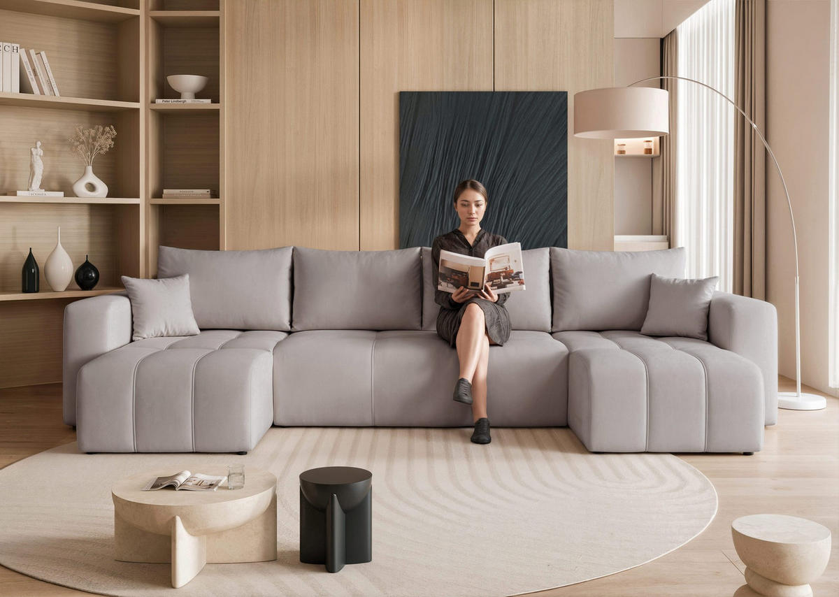 WOHNLANDSCHAFT U-Form Velours mit Bettkasten und Schlaffunktion - Grau, Holzwerkstoff/Textil (318/79/145cm) - Idohome