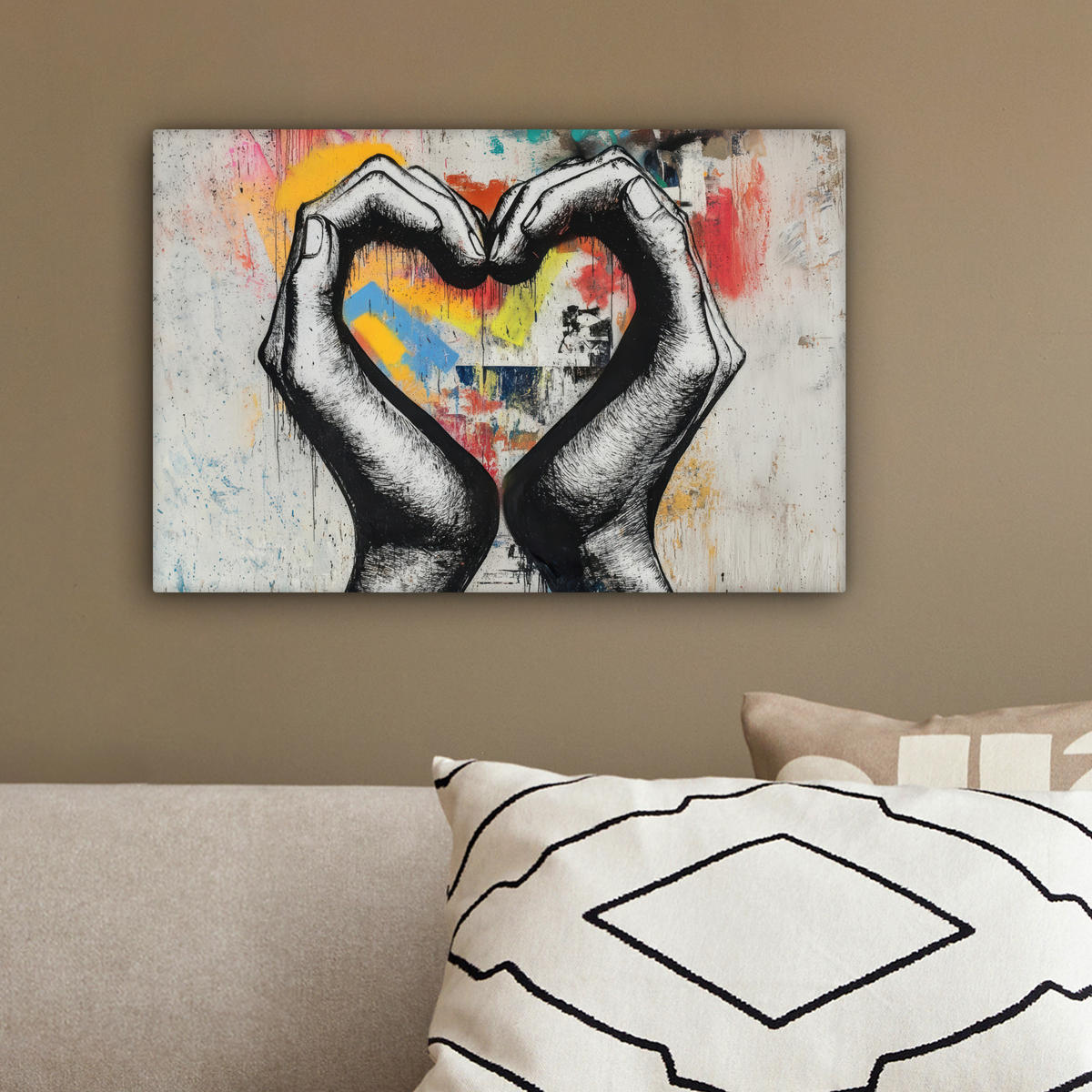 OBRAZ NA PLÁTNE Ruky - Srdce - Street art - Graffiti 30x20 cm - viacfarebná, textil (30/20cm) - MuchoWow