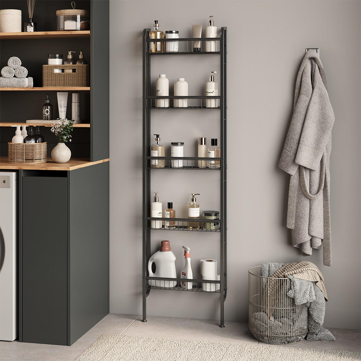 LEITERREGAL Klivo Schwarz 44.5 x 160 cm mit 5 Regalböden - Schwarz, Metall (44.5/160/11cm) - Vicco