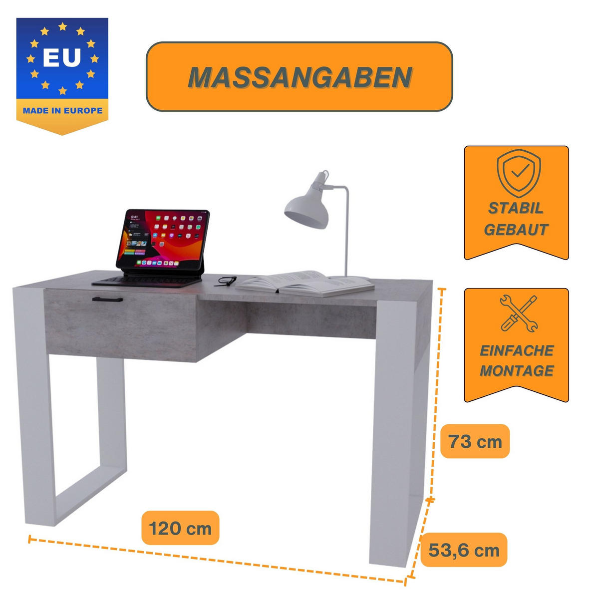 SCHREIBTISCH Grau 120/73/53,6 cm - Weiß/Grau, Holzwerkstoff (53.6/120/73cm) - CraftPAK