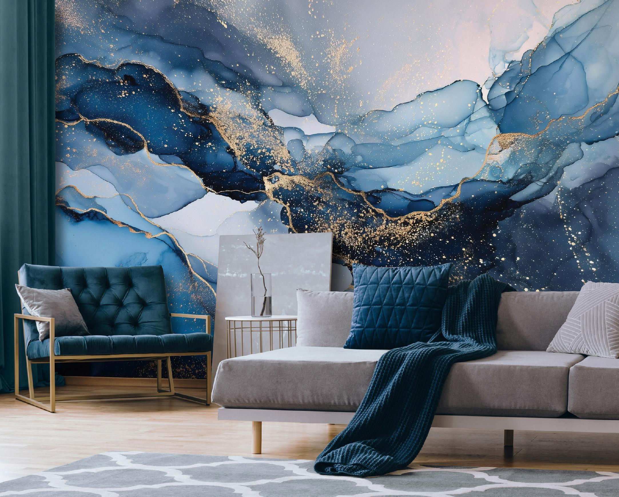 FOTOTAPETE Marmor Glamour Blau 350x250 cm - Multicolor, Papier (350/250cm) - Wallarena