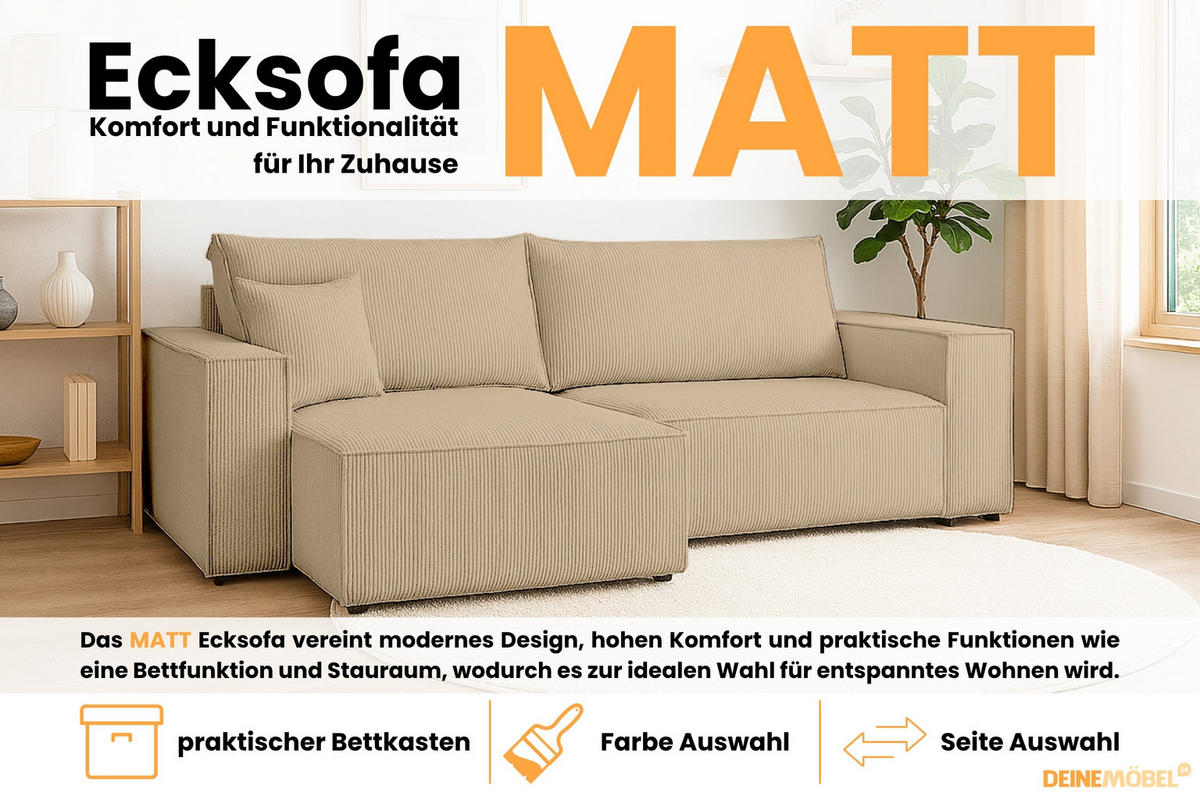 ECKSOFA MATT 255/153 cm links in Cord Beige - Beige/Schwarz, Holz/Holzwerkstoff (255/153cm) - Deine Möbel 24