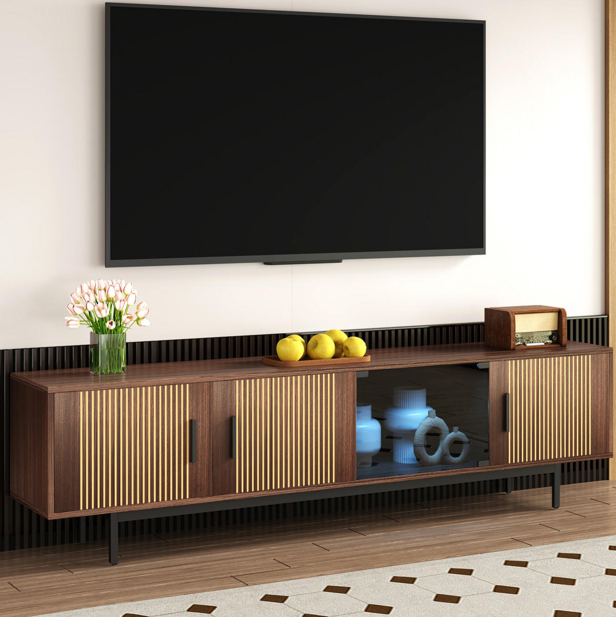 TV-LOWBOARD aus MDF und Spanplatte 200x35x53 cm Walnussbraun/Schwarz mit LED-Lichtleiste - Schwarz, Holzwerkstoff (200/53/35cm) - IVMEU
