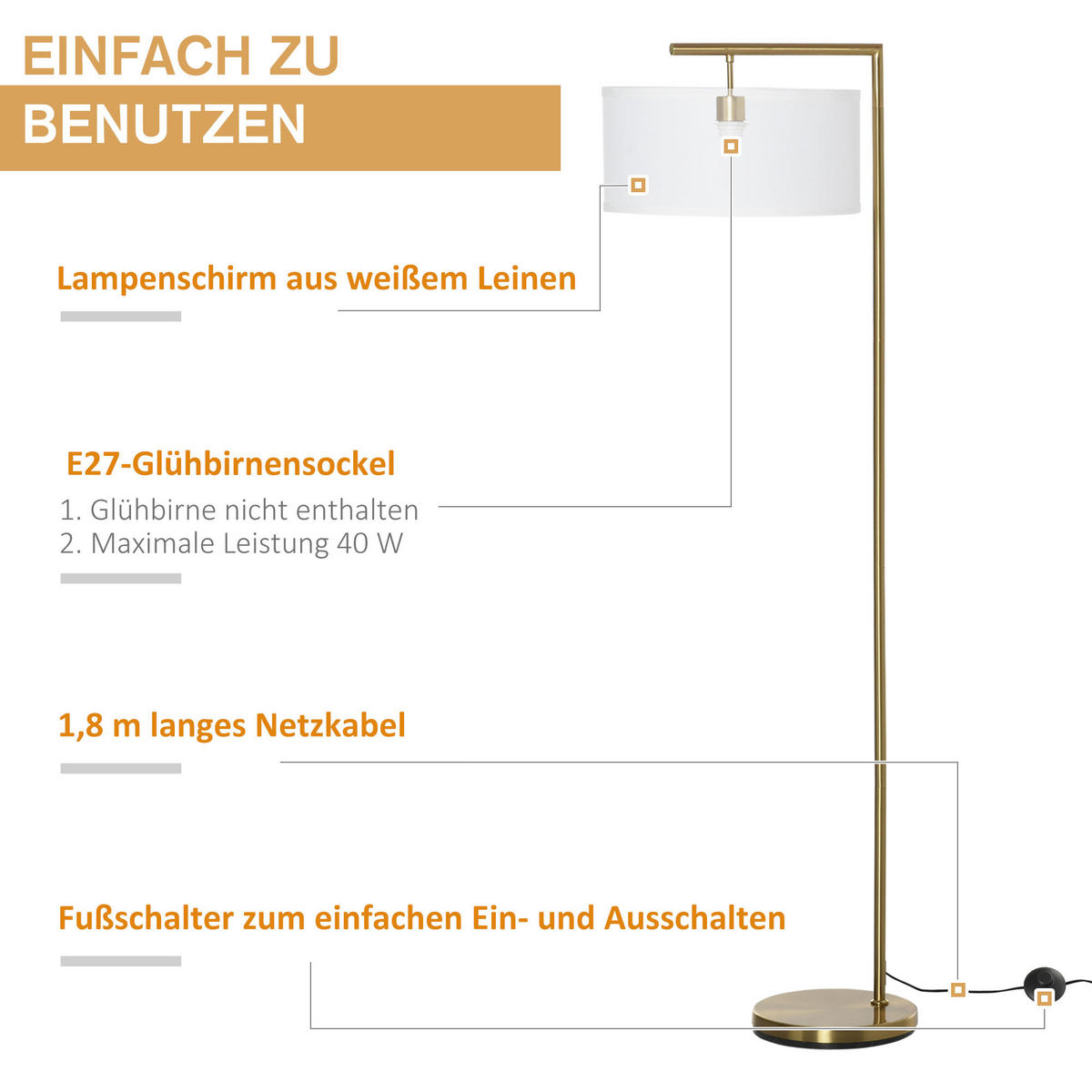 STEHLAMPE Stehleuchte E27 Sockel für Wohnzimmer Stahl Stoffschirm Goldoptik - Multicolor, Metall (47/37/153cm) - HOMCOM