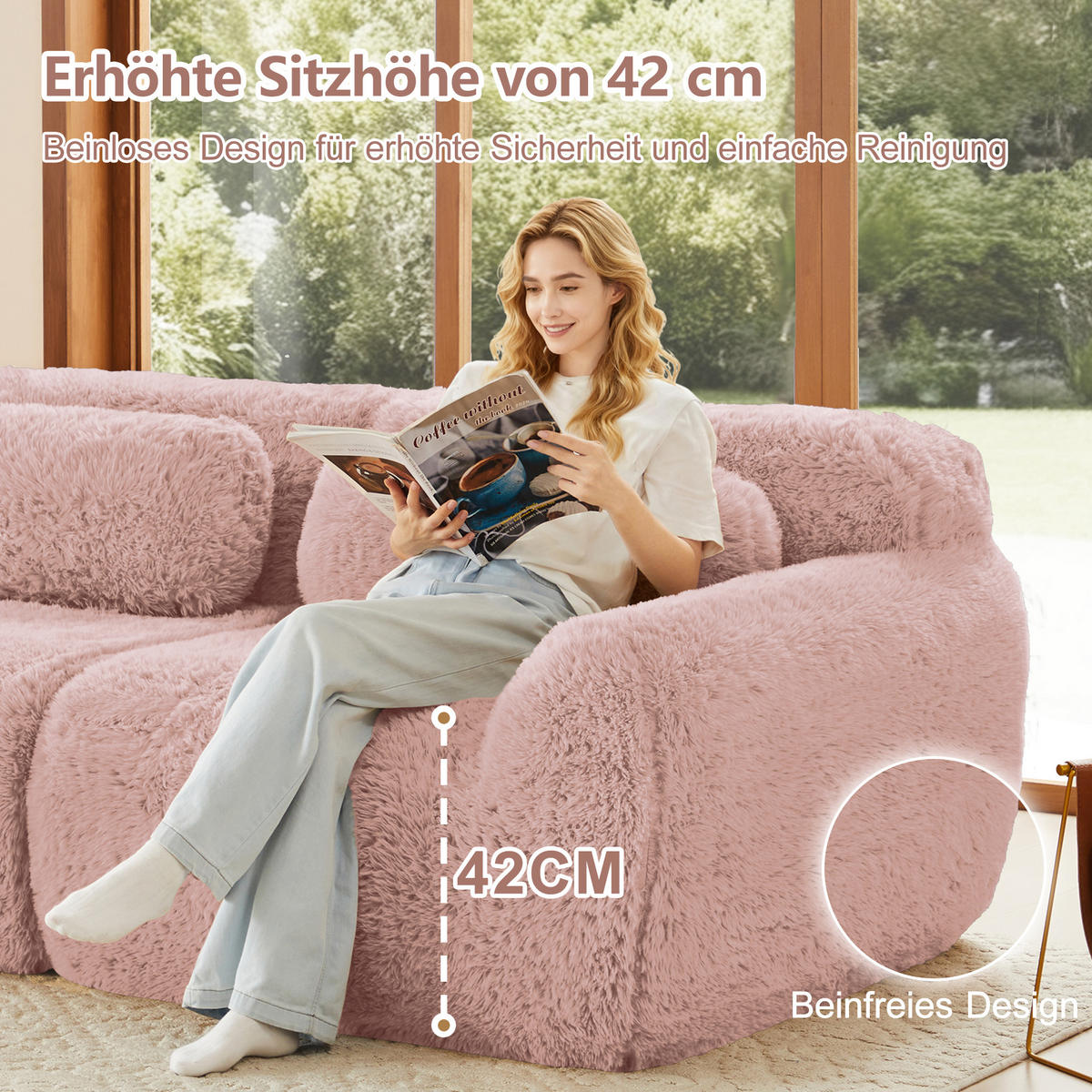 SCHLAFSOFA 2-Sitzer aus Plüschstoff mit 2 Hockern, Rosa - Rosa, Textil (204/73/179cm)
