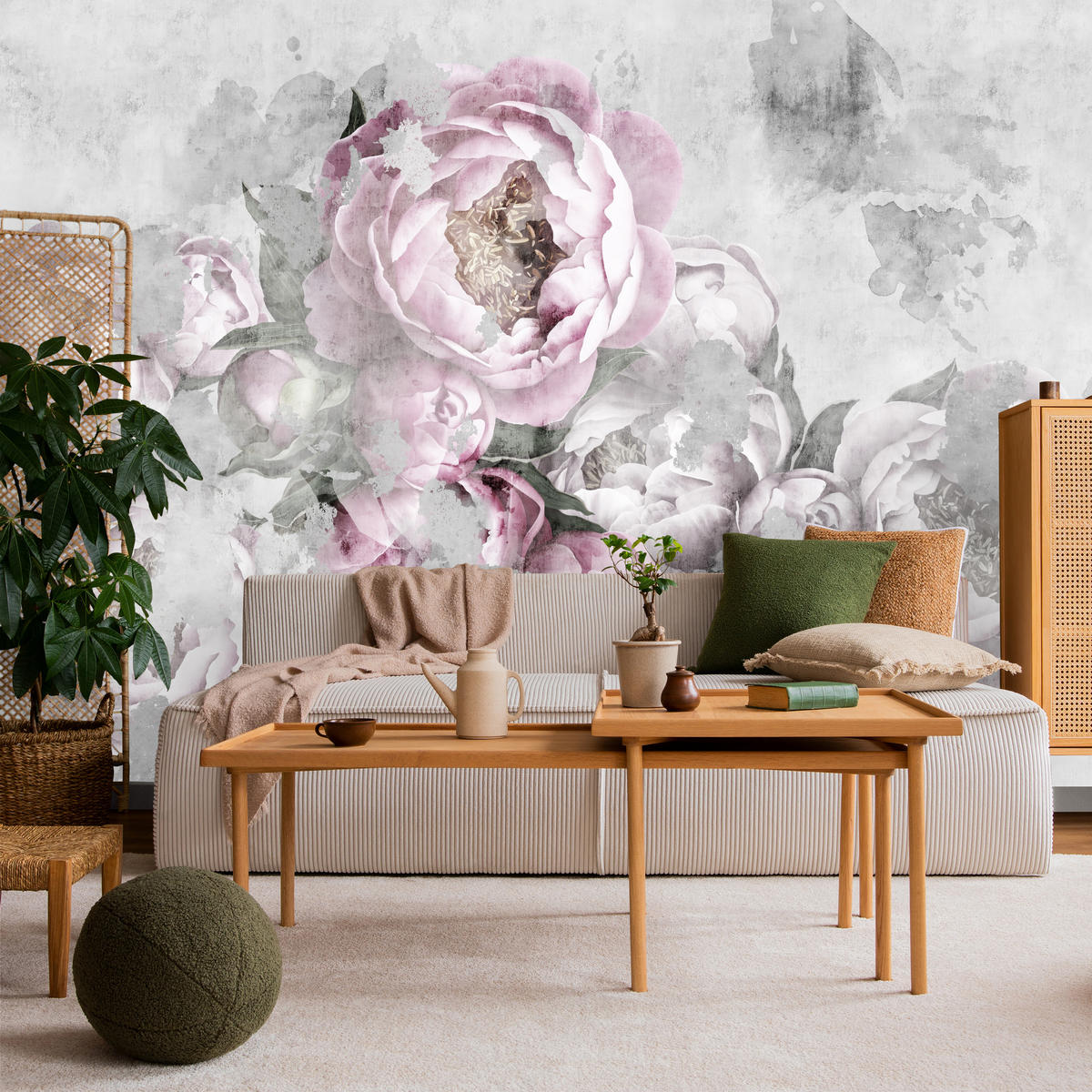 FOTOTAPETE für Küche Abstrakte Pink Pfingstrosen Beton Vintage 200x140 - Rosa/Grau, Papier (200/140cm) - Muralo