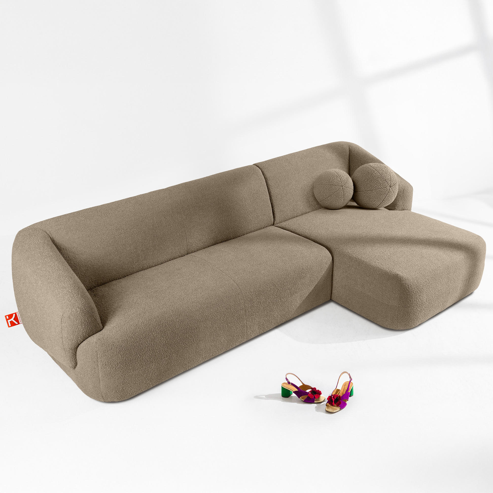 ECKSOFA RECHTS VIRA, Beige, Bouclé - Beige/Schwarz, Holz/Holzwerkstoff (300/160cm) - KONSIMO®