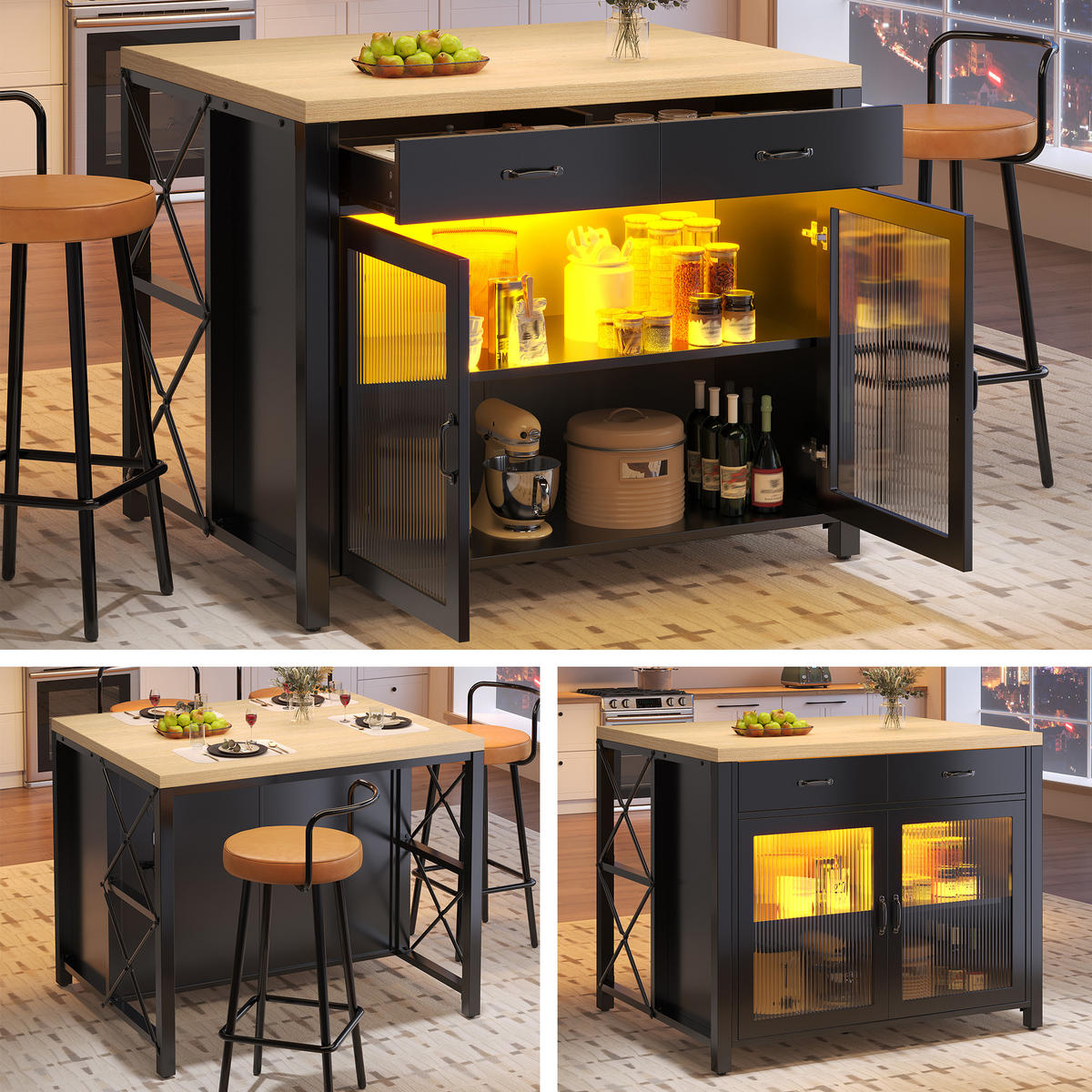 KÜCHENINSEL 100/80/90 cm Schwarz mit 2 Schubladen, LED-Lichtleiste und verstellbare Füße - Schwarz, Holz/Holzwerkstoff (110/91/40cm) - Oxeza