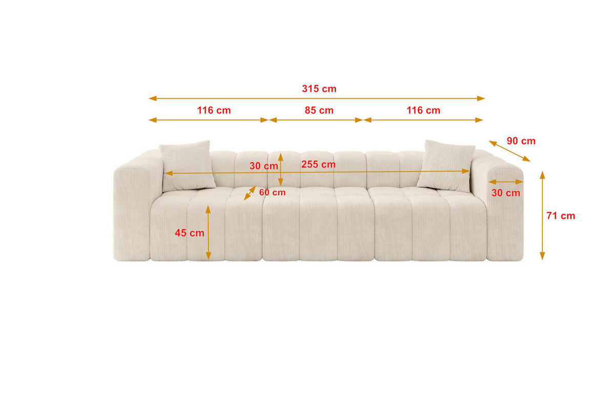 POHOVKA 3-MÍSTNÁ DONY-3 315x90x71 cm Béžová Manšestr - černá/kašmírová, kompozitní dřevo/textil (315/71/90cm) - ALTDECOR