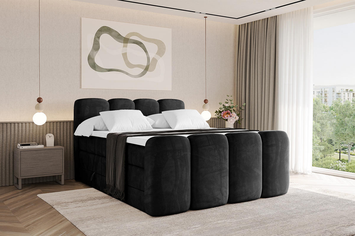 BOXBETT mit Matratze H3|H4 und Lattenrost - NINA-Z KING - 180x200 cm - Schwarz - Schwarz Hochglanz, Holzwerkstoff (180/200cm)