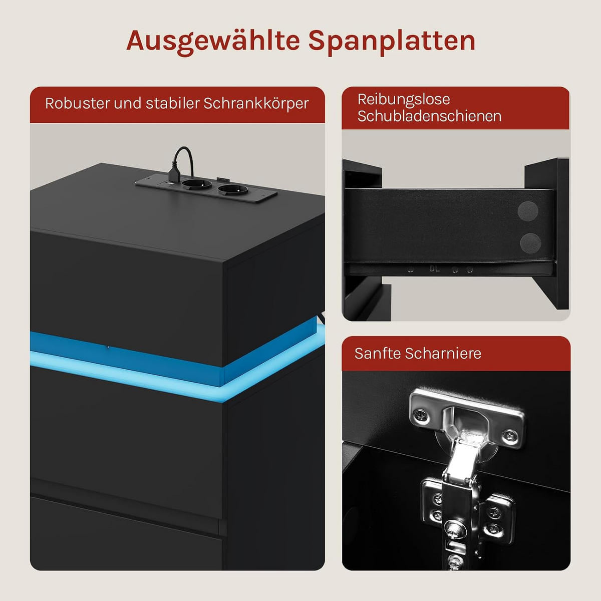 NACHTTISCH mit Ladefunktion und LED, Schwarz - Schwarz, Holzwerkstoff (40/55/35cm) - Woltu