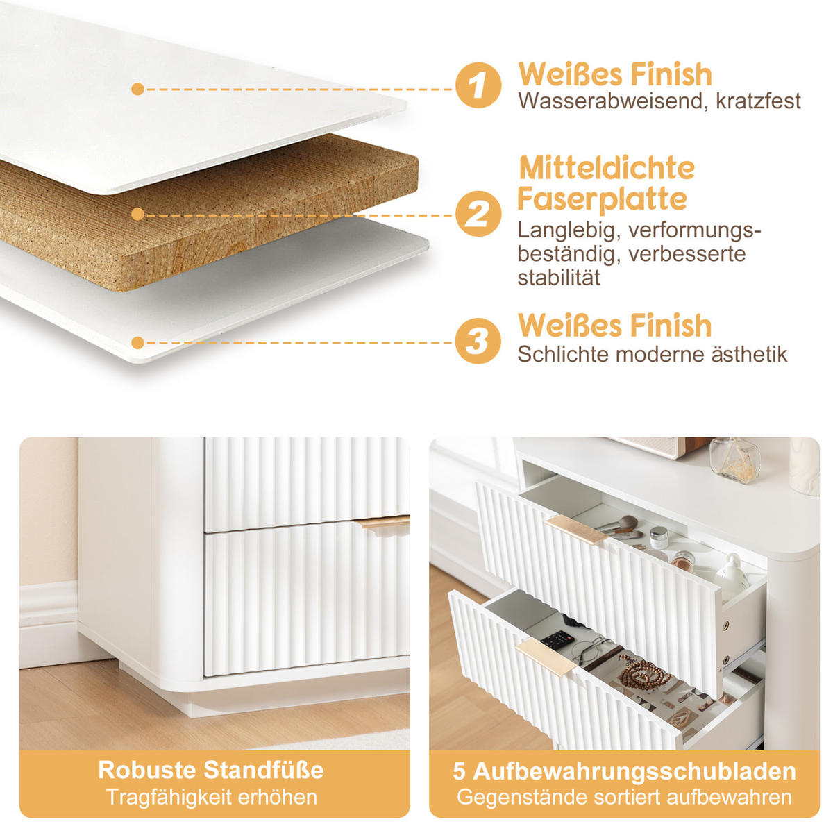 KOMMODE in Weiß 70x40x108 cm mit 5 Schubladen und Soft-Close-Funktion - Weiß, Holzwerkstoff (40/108/70cm) - IVMEU