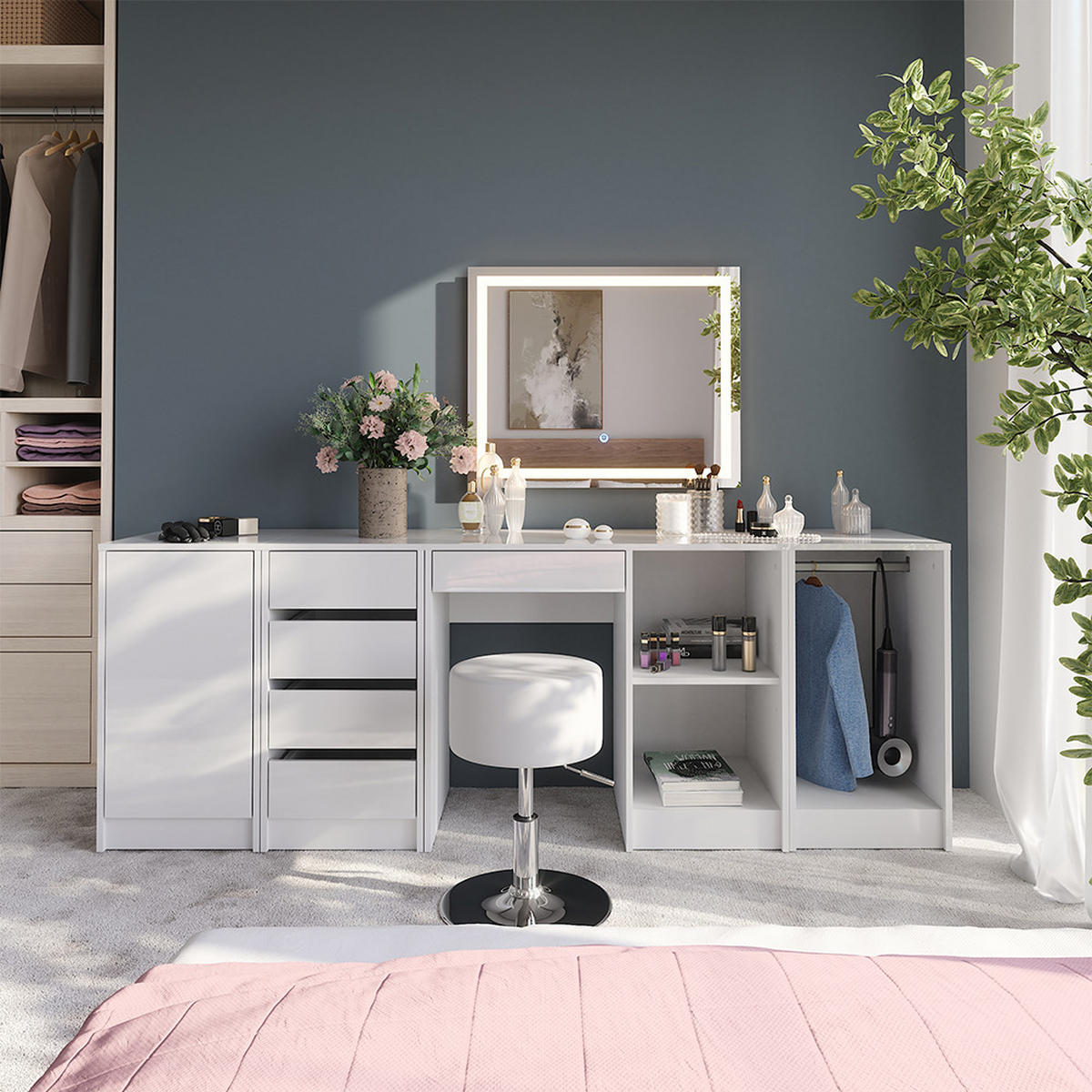 SCHMINKTISCH Sherry Weiß/Weiß Hochglanz 89.8 cm mit LED-Spiegel und Hocker - Weiß Hochglanz, Holzwerkstoff (89.8/76/50.1cm) - Vicco