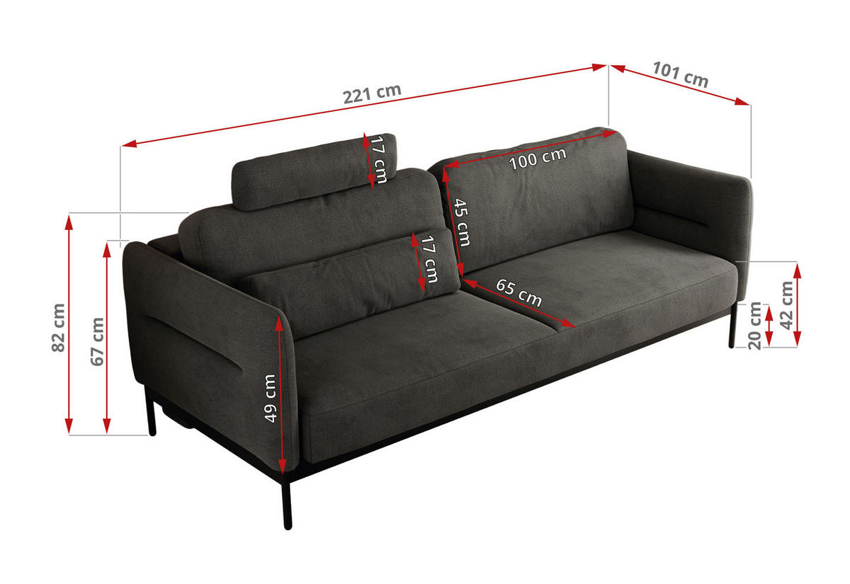 SOFA SALENTO Dunkelgrau Velvet - Dunkelgrau/Schwarz, Textil/Metall (221/82/101cm) - MKS