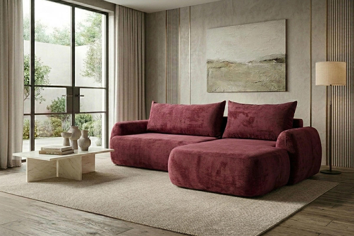 ECKSOFA Mit Schlaffunktion Und Bettkasten, Chenille-Stoff Perfecto, Rotwein, Rechts, HELA II - Weinrot, Holz (280/184cm) - Kaiser Möbel